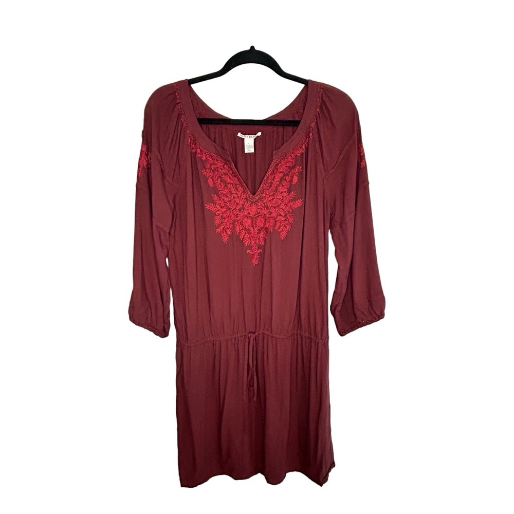 Lucky Brand Laszlo Midi Dress Womens L Red Embroidered Peasant Boho 4355500